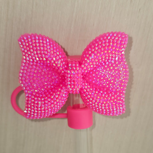 Hot Pink  - Barbie Pink  - Glitter Ribbon Bow Silicone Straw Topper  - Straw Cover 