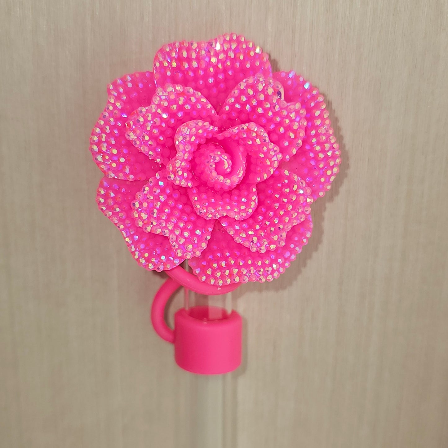 Rose Flower Glitter Silicone Straw cover  - straw topper  - Hot Pink 