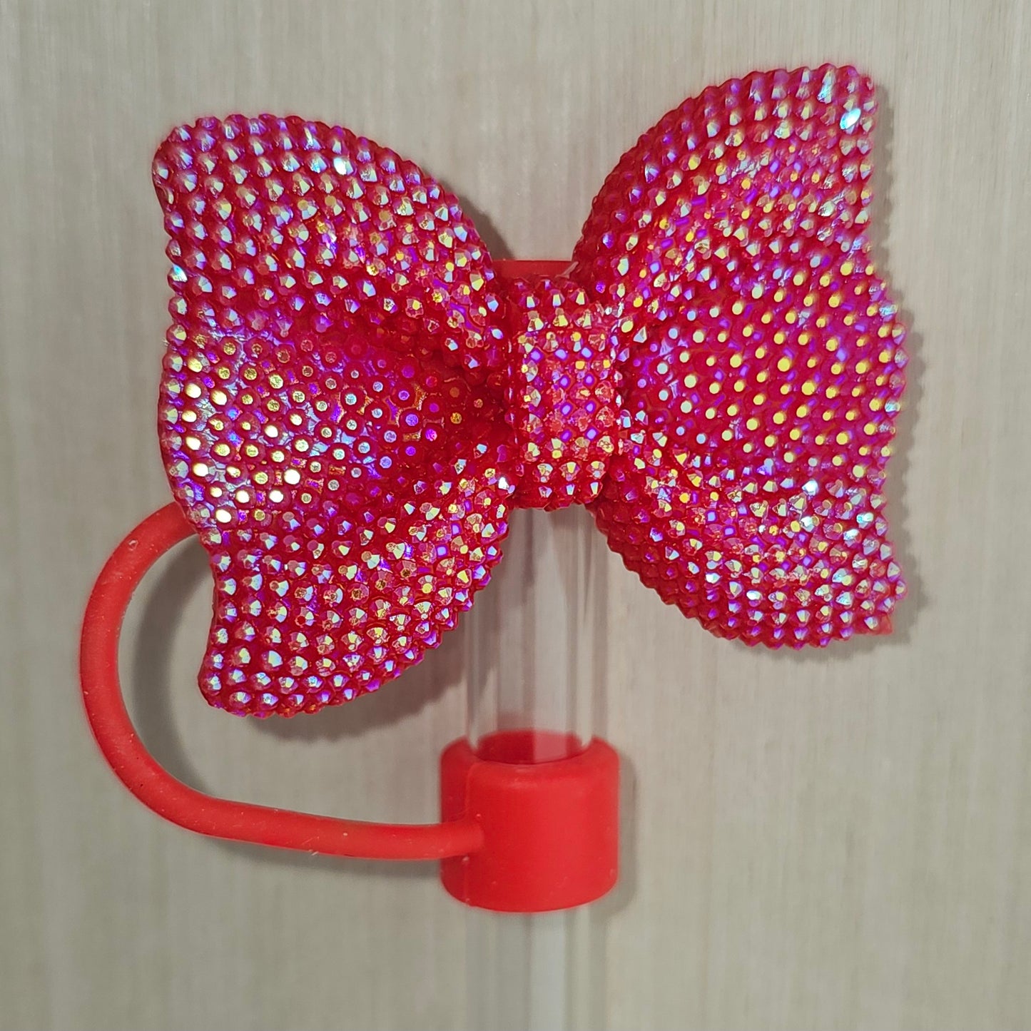 Rose Red Glitter Ribbon Bow Silicone Straw Topper  - Straw Cover 