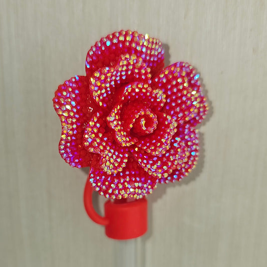 Rose Red Rose Flower Glitter Silicone Straw Topper - Straw Cover. 