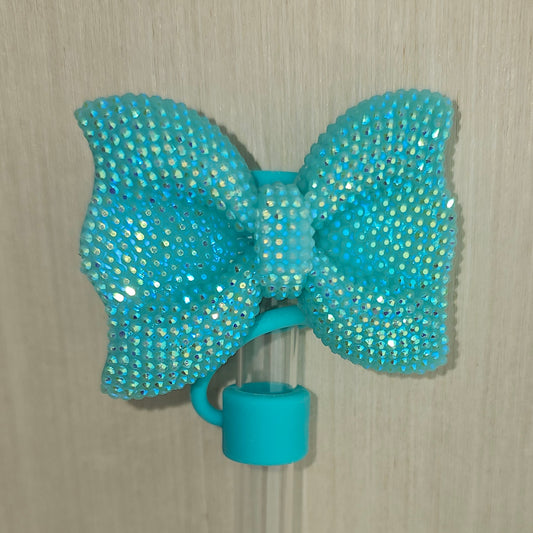 Ribbon Bow Glitter Straw Topper - Tiffany Teal Blue