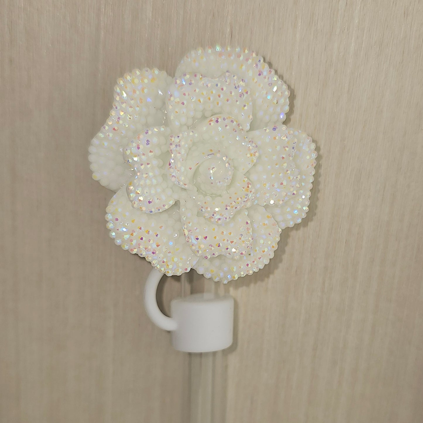 Glitter Rose Flower Straw Topper  - Straw Cover. Wedding White