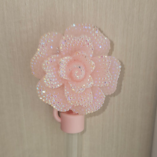 Rose Flower Glitter Silicone Straw Topper  - Straw Cover. Bubblegum Pink  - Light Pink 