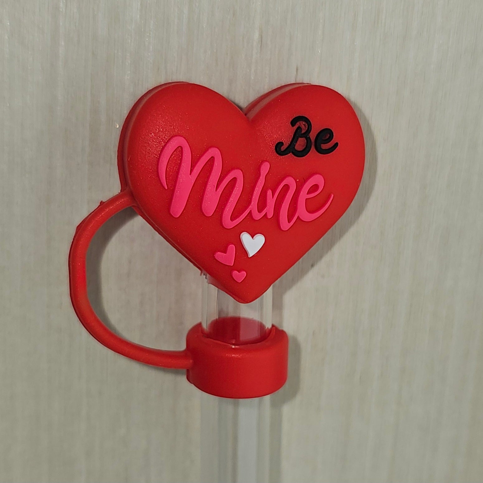 Ruby red heart with "Be Mine" 3D Silicone Straw Topper  - Straw Cover  - Straw Cap. 