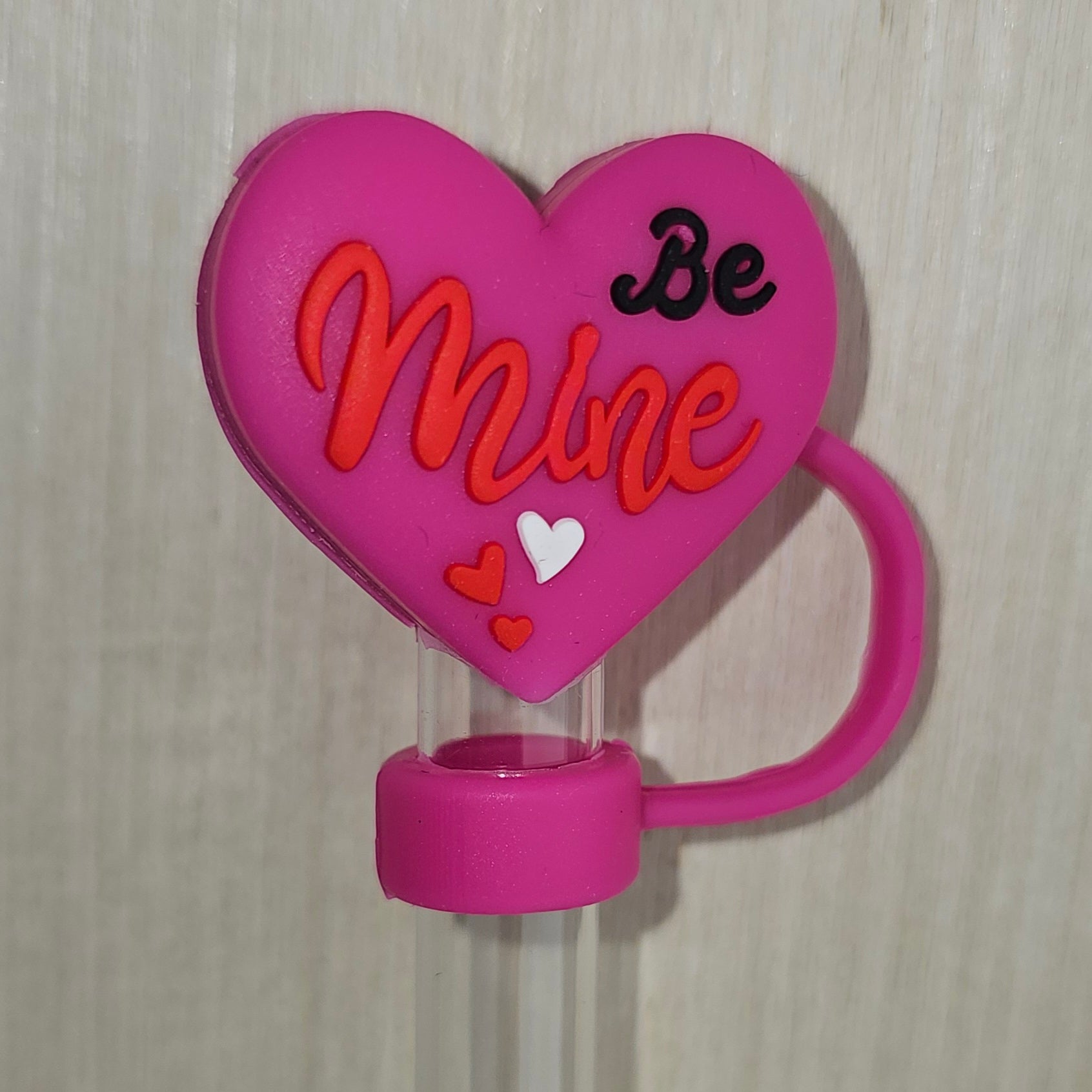 Pink Sweet Heart "Be Mine" Valentine's Day 3D Silicone Straw Topper  - Straw Cover  - Straw Cap 