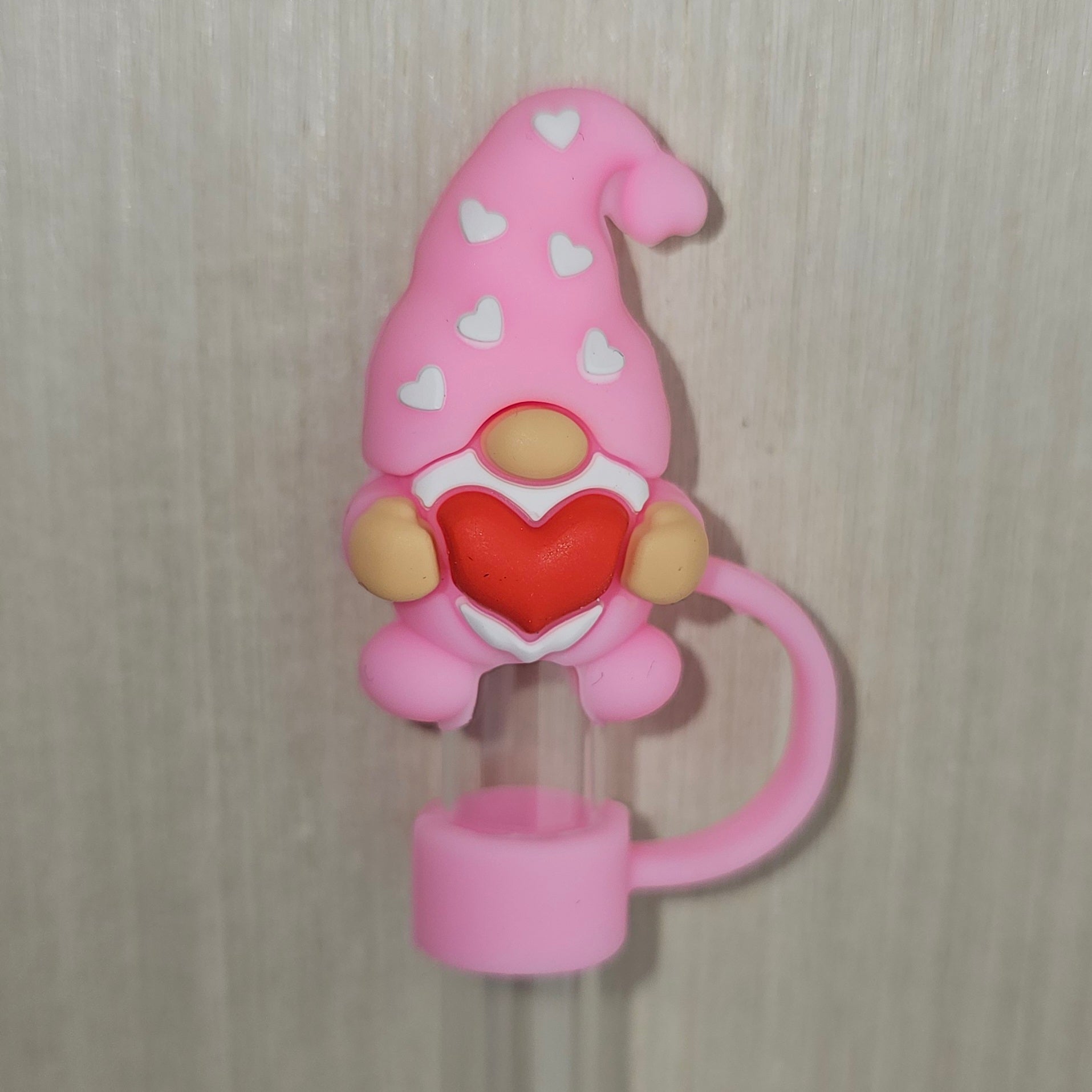 Pink Sweet Hearts Valentine's Day Gnome 3D Silicone Straw Topper  - Straw Cover  - Straw Cap 