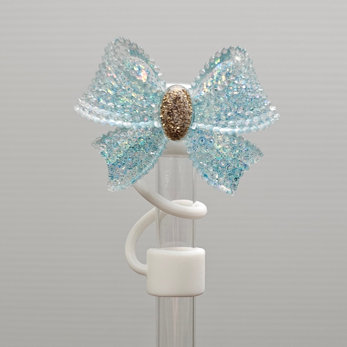 Luxury Glitter Tiffany Teal Blue and Gold Ribbon Bow with white Silicone straw topper base. Straw Cover  - Straw Cap 