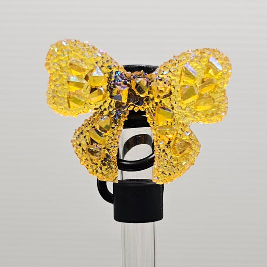 Luxury Glitter Gold  Ribbon Bow with black Silicone straw topper base. Straw Cover  - Straw Cap 