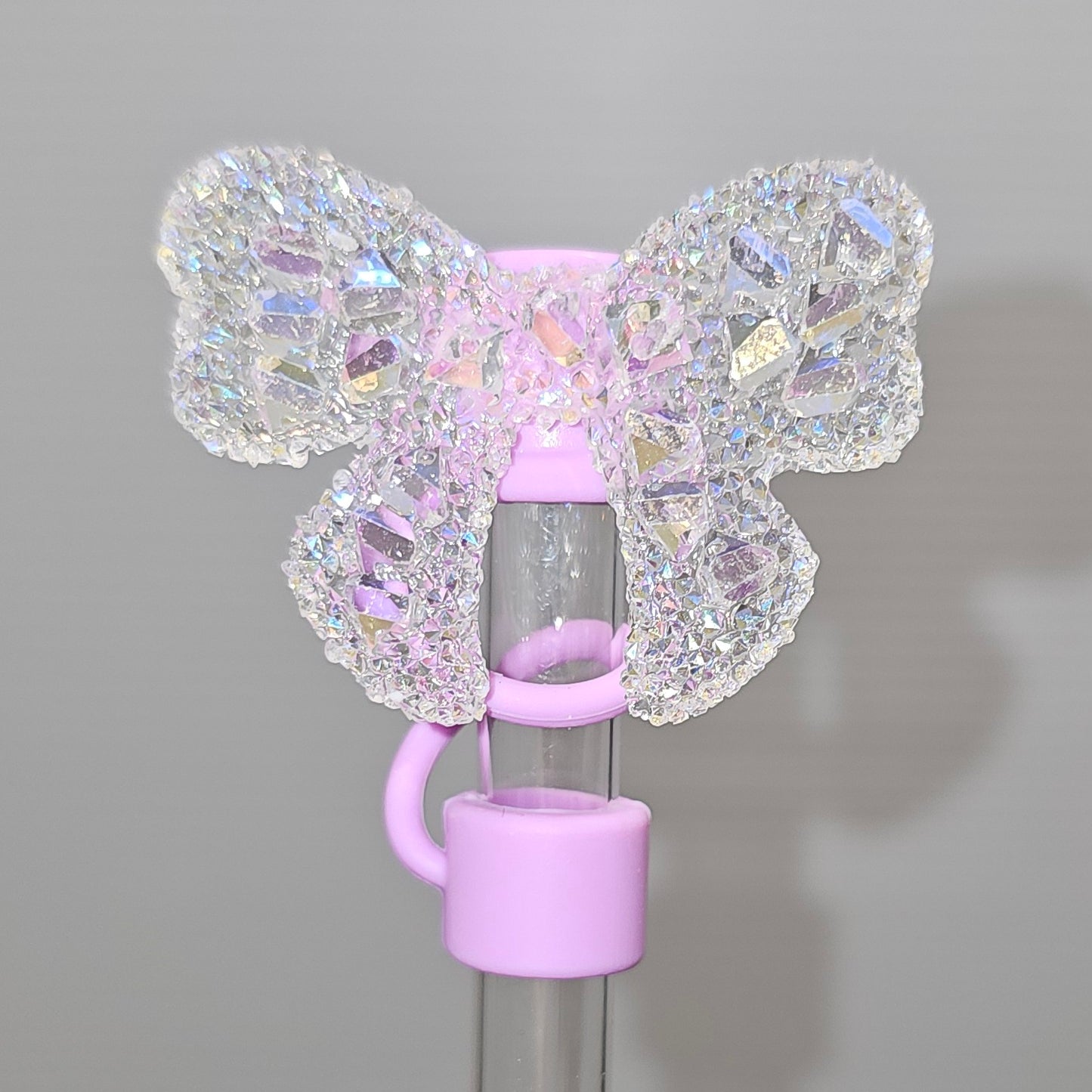 Luxury Glitter Crystal Clear Diamond and Lavender Purple Ribbon Bow Silicone Straw Topper- Straw Cover  - Straw Cap 