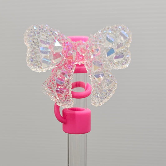 Luxury Glitter Crystal Clear and Barbie Pink Silicone Straw Topper  - Straw Cover  - Straw Cap. 