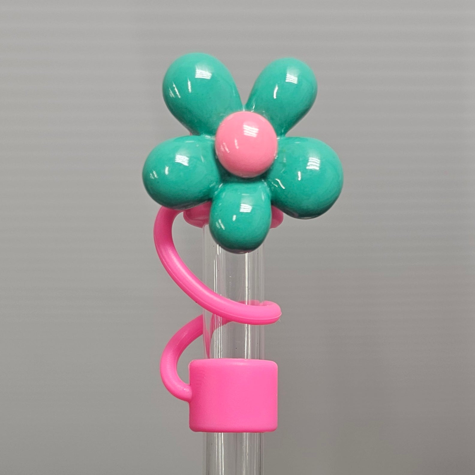 Dark Mint Green  / Tiffany Blue and Barbie Pink Daisy Flower Silicone Straw Topper  - Straw Cover  - Straw Cap 