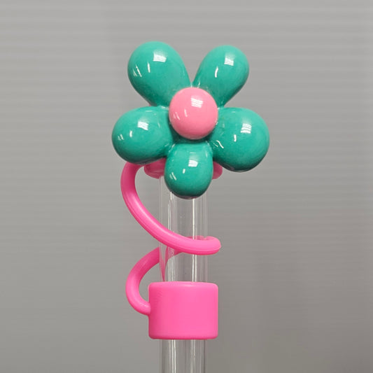 Dark Mint Green  / Tiffany Blue and Barbie Pink Daisy Flower Silicone Straw Topper  - Straw Cover  - Straw Cap 