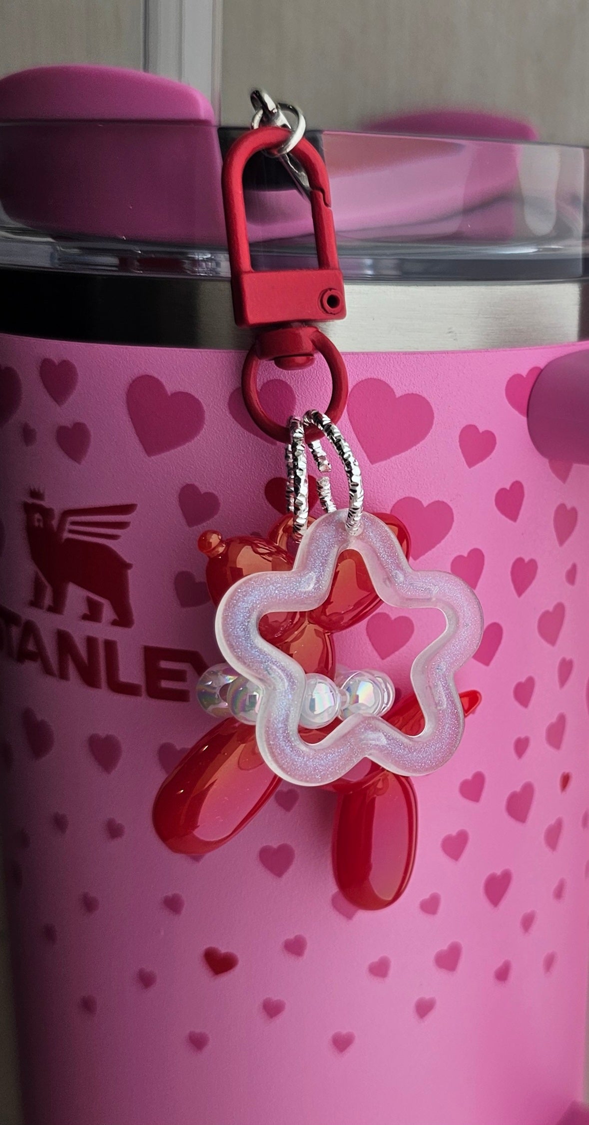 Iridescent Pearlescent Ruby Red Balloon Dog w/ Star Charm For Stanley Tumbler Straw