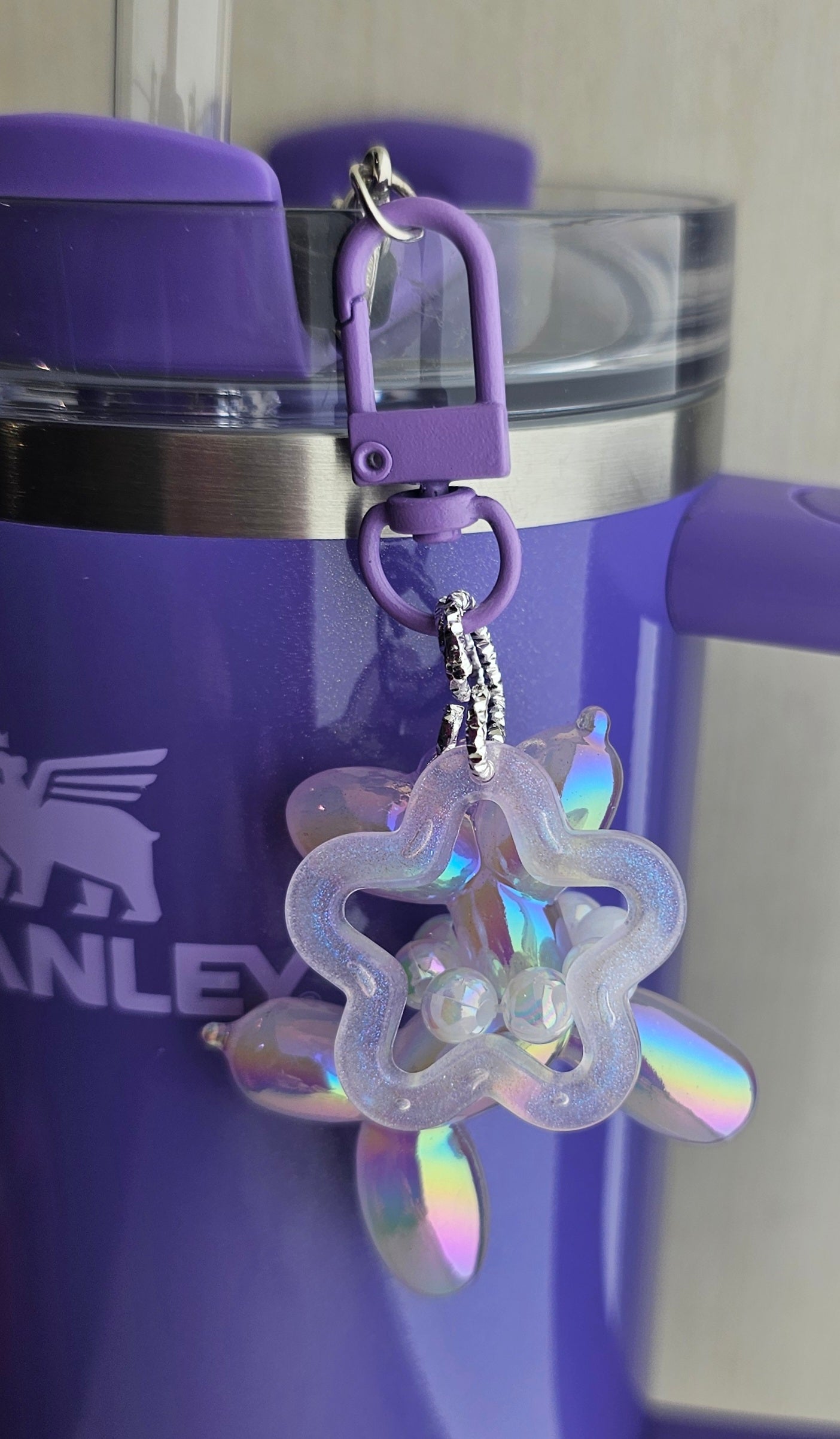 Iridescent Pearlescent Purple Dahlia Shimmer Balloon Dog w/ Star Charm For Stanley Tumbler Straw