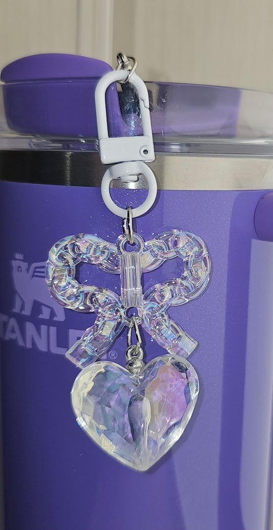 Crystal Clear Coquette Butterfly Ribbon Bow and heart charm pendant for Tumbler straw. 