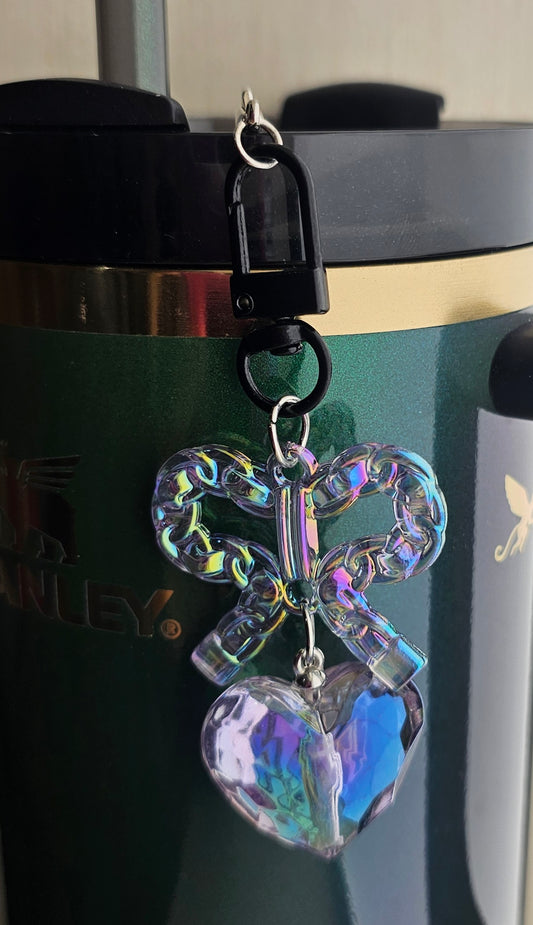 Crystal Black Chroma Coquette Butterfly Ribbon Bow and heart charm pendant for Tumbler straw. 