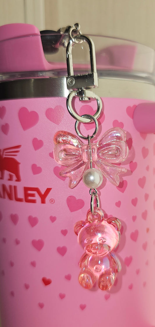 Crystal Sweetheart Pink Bow,Pearl, & Teddy Bear Charm for Stanley Tumbler Straw, Purse, Backpack