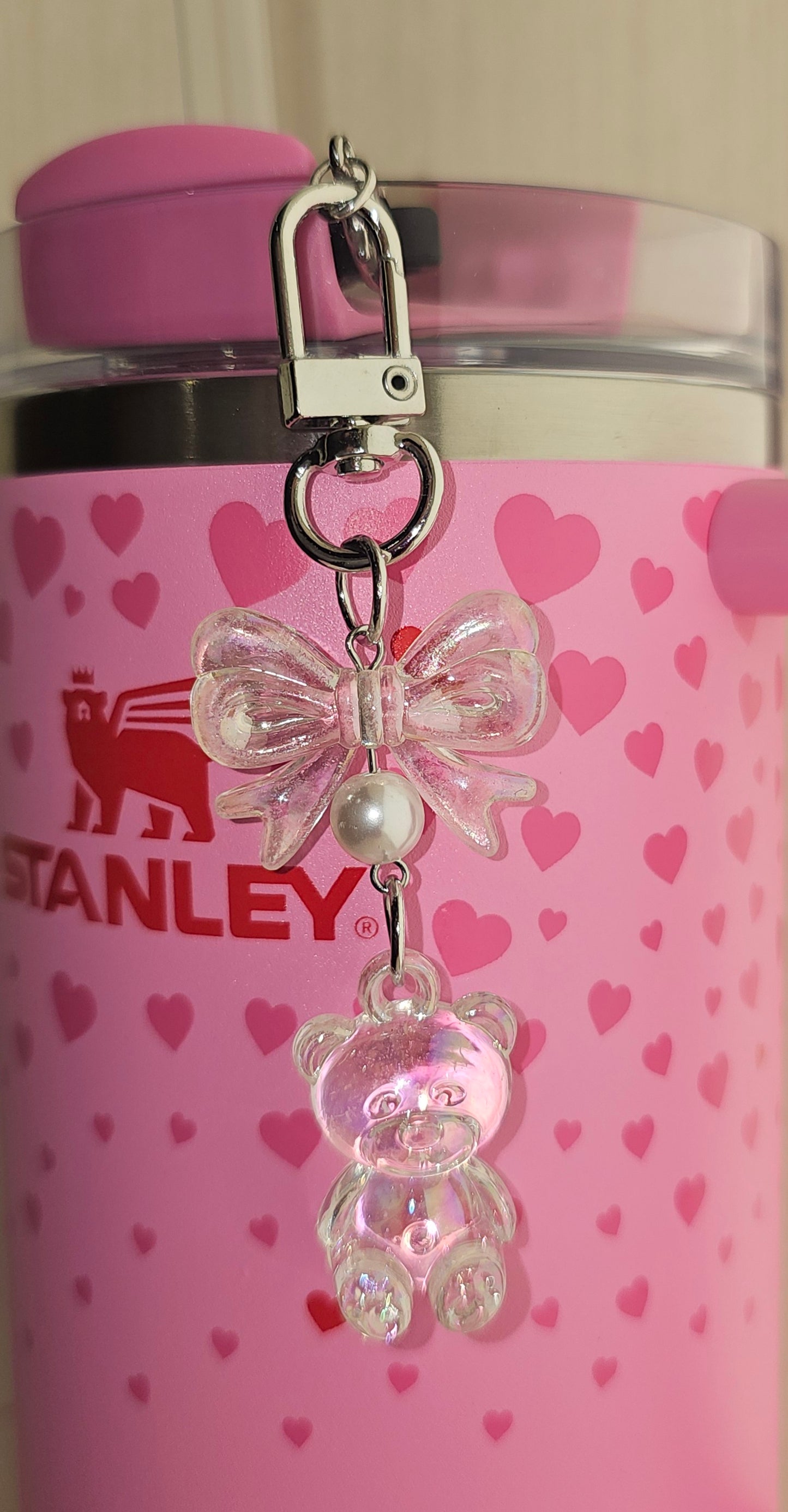 Crystal Clear Bow,Pearl, & Teddy Bear Charm for Stanley Tumbler Straw, Purse, Backpack 