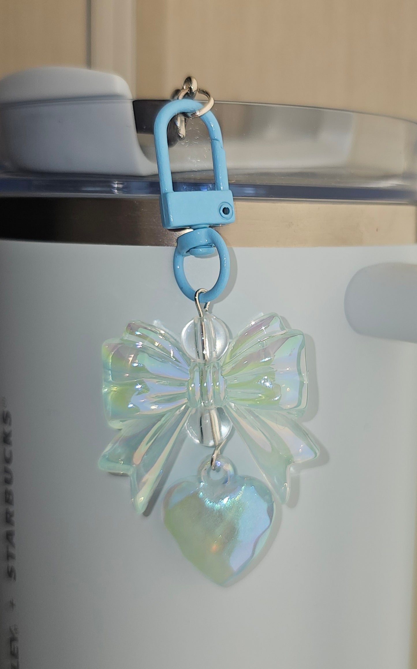 Coquette Ribbon Bow & Heart Charm Pendant  - Pearl Blue. Use as a straw charm, purse charm, bag charm, backpack charm, or keychain charm. 