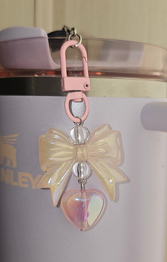 Coquette Ribbon Bow & Heart Charm Pendant  - Pearl Pink. Use as a straw charm, purse charm, bag charm, backpack charm, or keychain charm. 