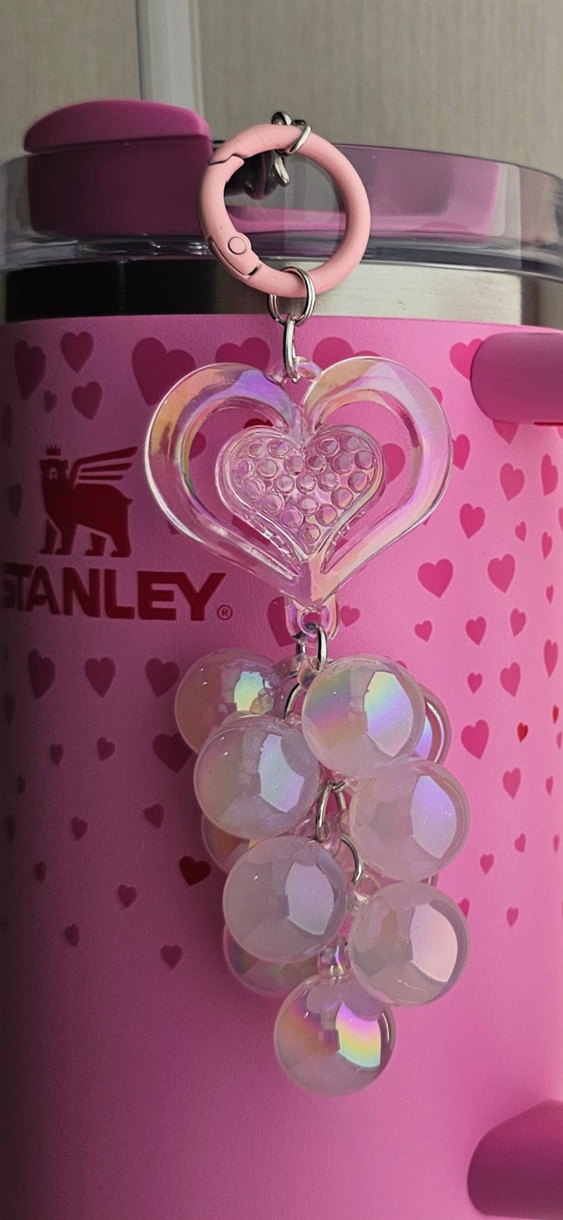 Iridescent Pearlescent Pearl Pink Heart and Jelly Beaded Charm Pendant. Use as tumbler straw charm, purse charm, bag charm, backpack charm, cellphone charm, or keychain charm. 