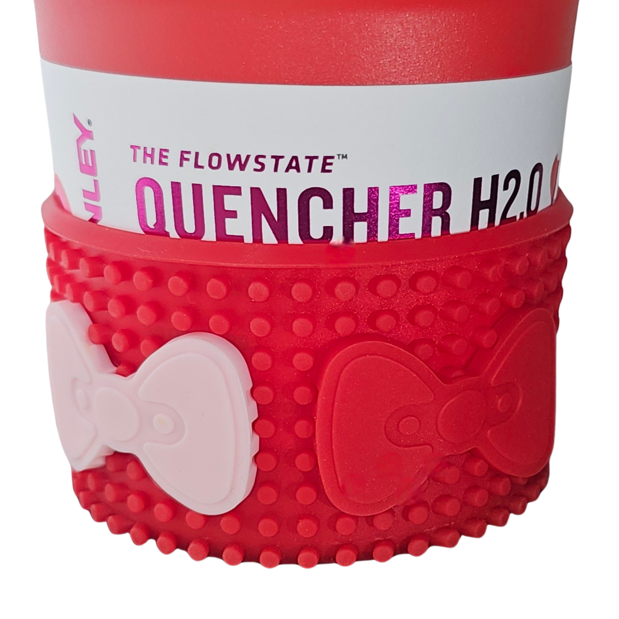 Customizable Bow Silicone Tumbler Boot - Red with Bloom pink and red bow demonstration. 