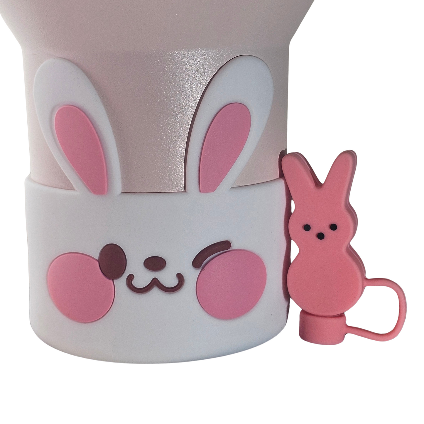 White and pink Easter Bunny Silicone Tumbler Boot and PEEPS inspired Pink Easter Bunny 3D Silicone Straw Topper. 