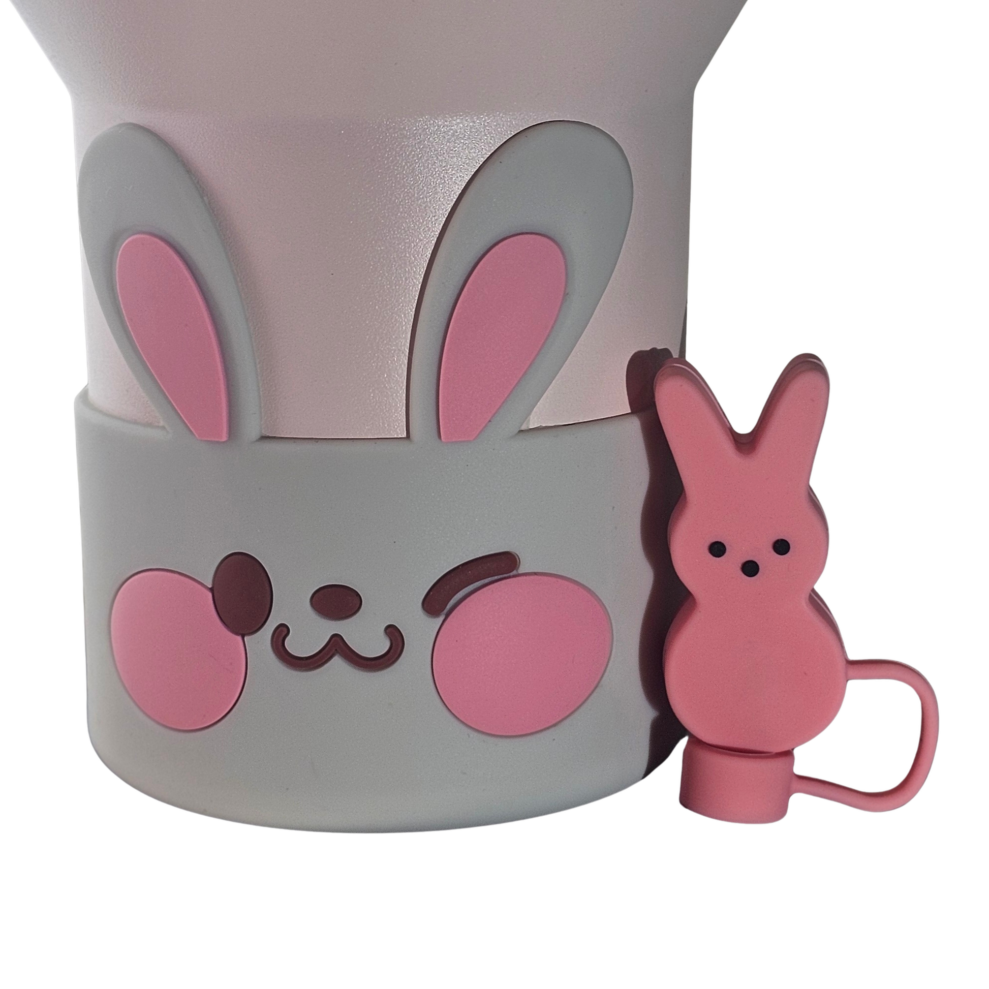 Frey and Pink Easter Bunny Silicone Tumbler Boot and PEEPS inspired Pink Easter Bunny 3D Silicone Straw Topper. 