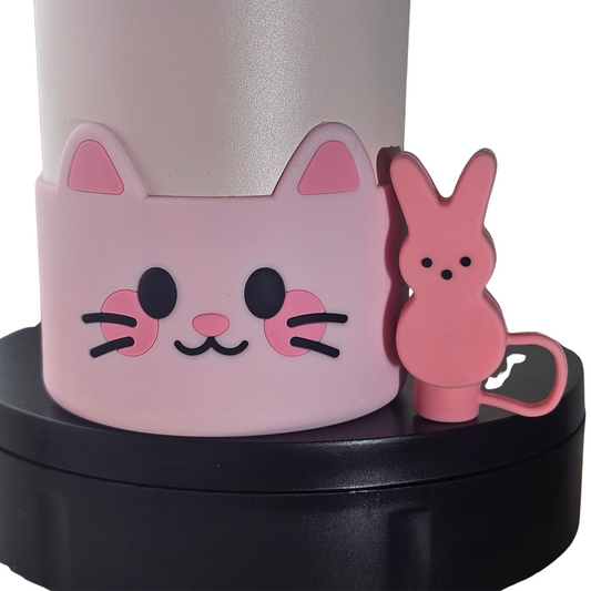 Pink cat Silicone tumbler boot and pink PEEPS inspired Easter Bunny 3D Silicone Straw Topper Set. 