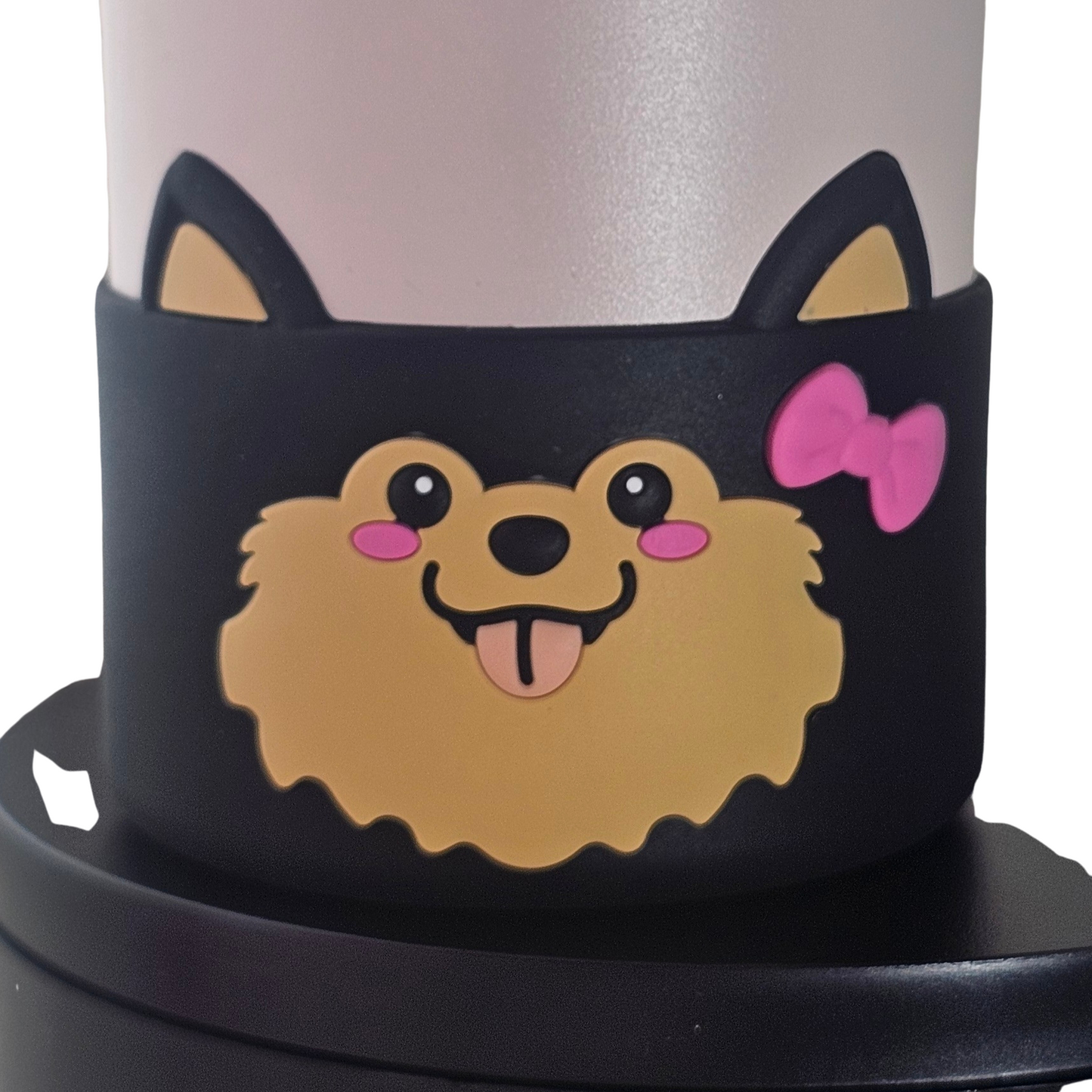 Black Preppy Pup with pink bow silicone tumbler boot. Fits 32oz  - 40oz tumblers. 