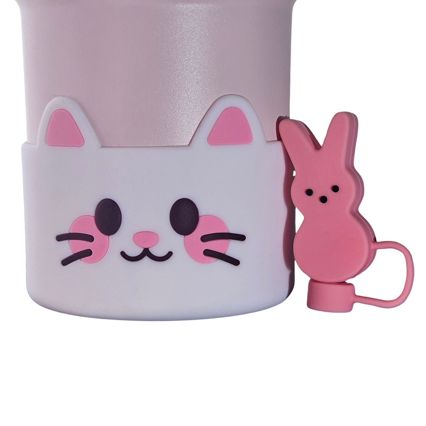 White and pink cat Silicone tumbler boot and PEEPS inspired Easter Bunny 3D Silicone Straw Topper Set. 