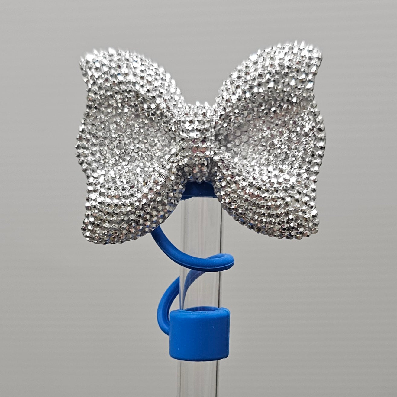 Silver Glitter Bow Tie with Royal Blue Silicone Straw Topper base  - Straw Cover  - Straw Topper 