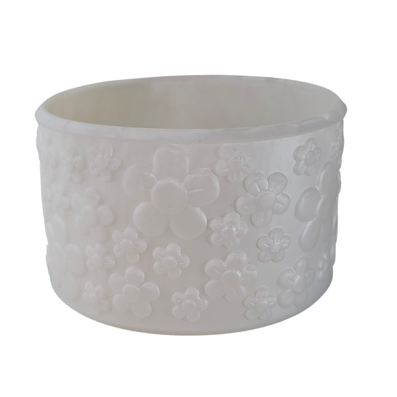 Pearl White Shimmer flowers textured silicone tumbler boot. 