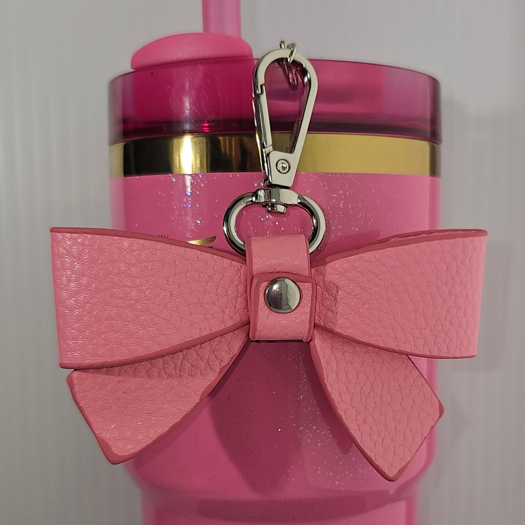 Hot Pink Faux Leather Ribbon Bow Tumbler Straw Charm. 