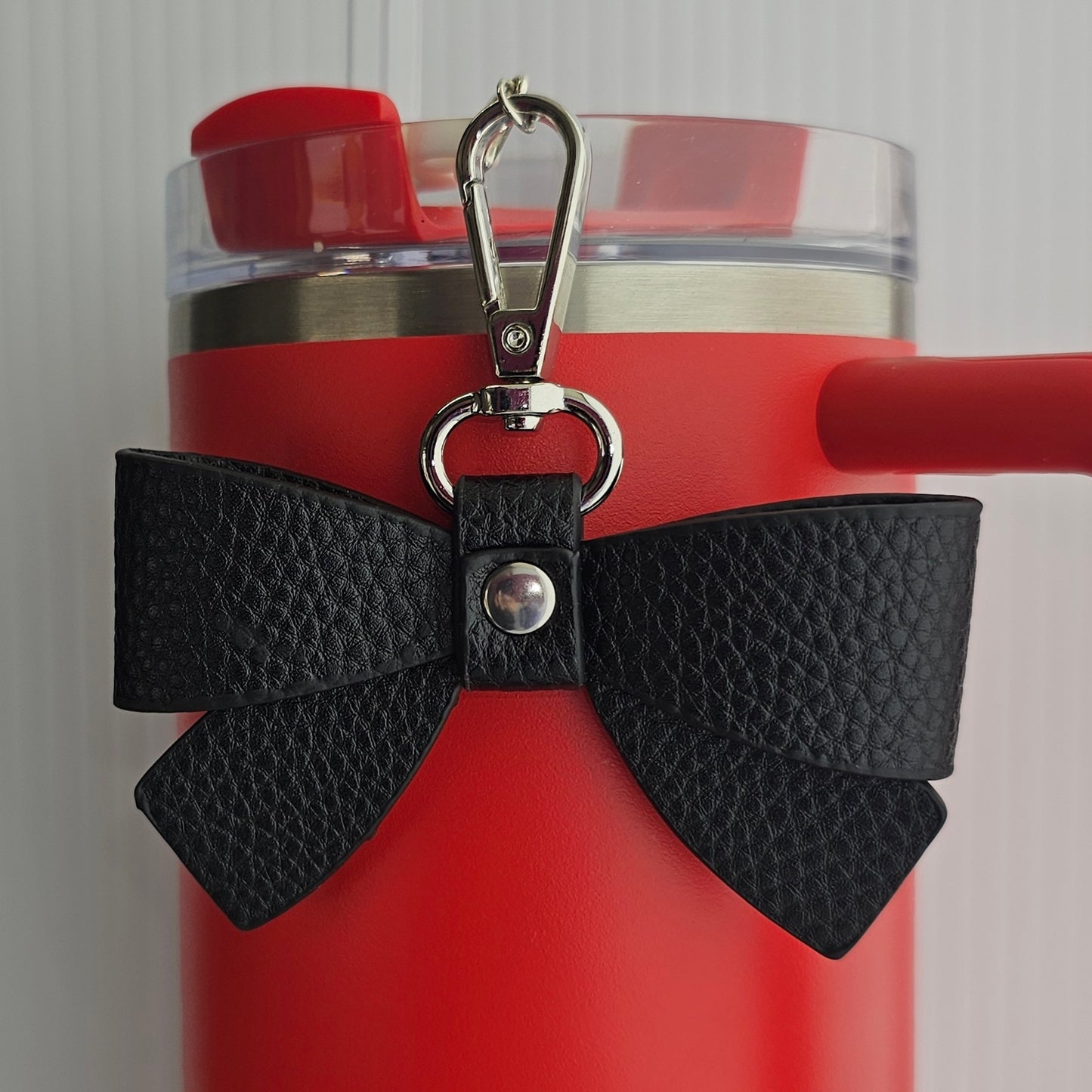 Luxury Black Faux leather ribbon bow with silver swivel clasp tumbler straw charm. 