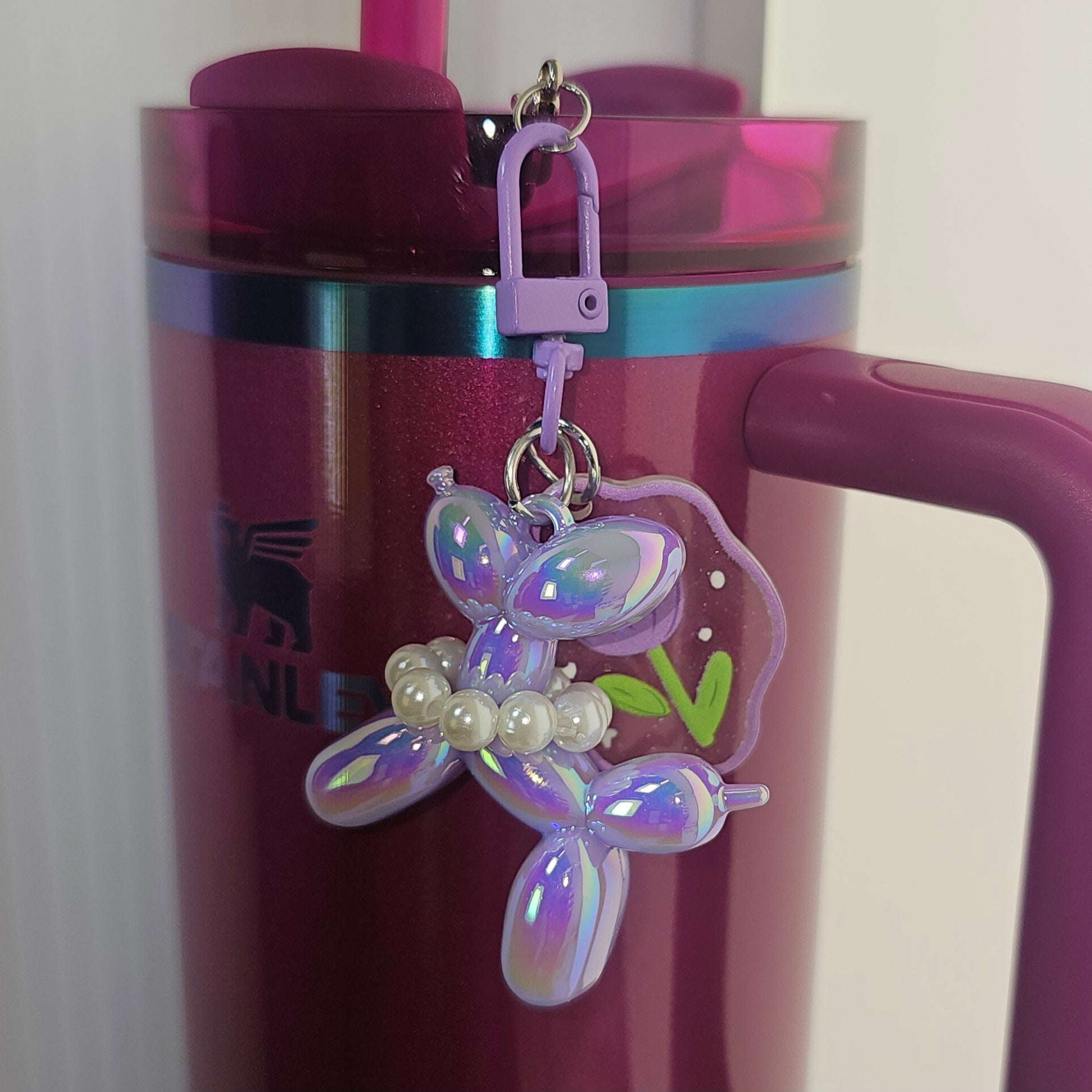 Iridescent Pearlescent Purple Balloon Dog w/ Flower Charm For Stanley Tumbler Straw