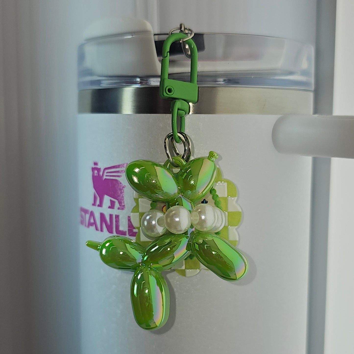 Iridescent Pearlescent Green Balloon Dog w/ Flower Charm For Stanley Tumbler Straw
