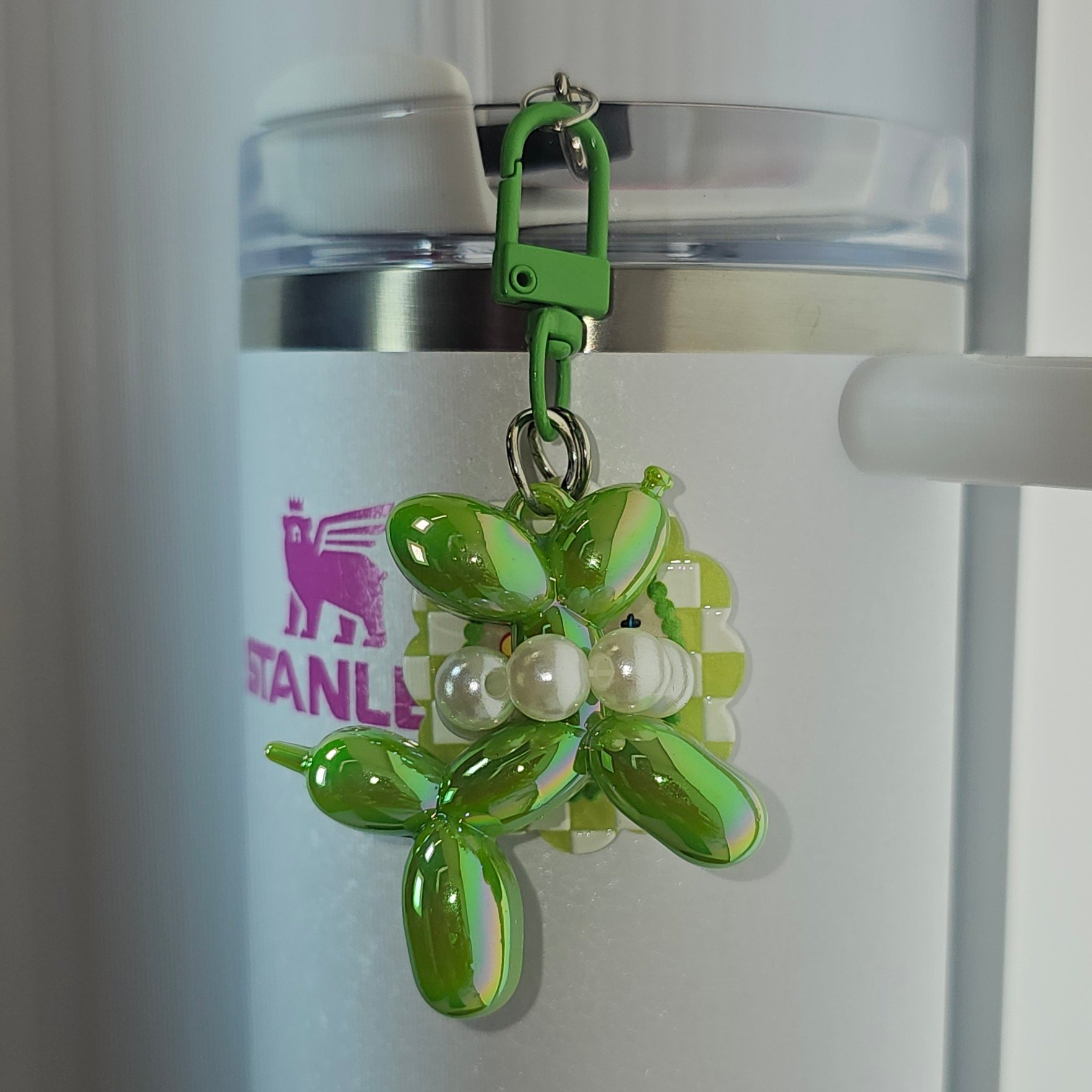 Iridescent Pearlescent Green Balloon Dog w/ Flower Charm For Stanley Tumbler Straw