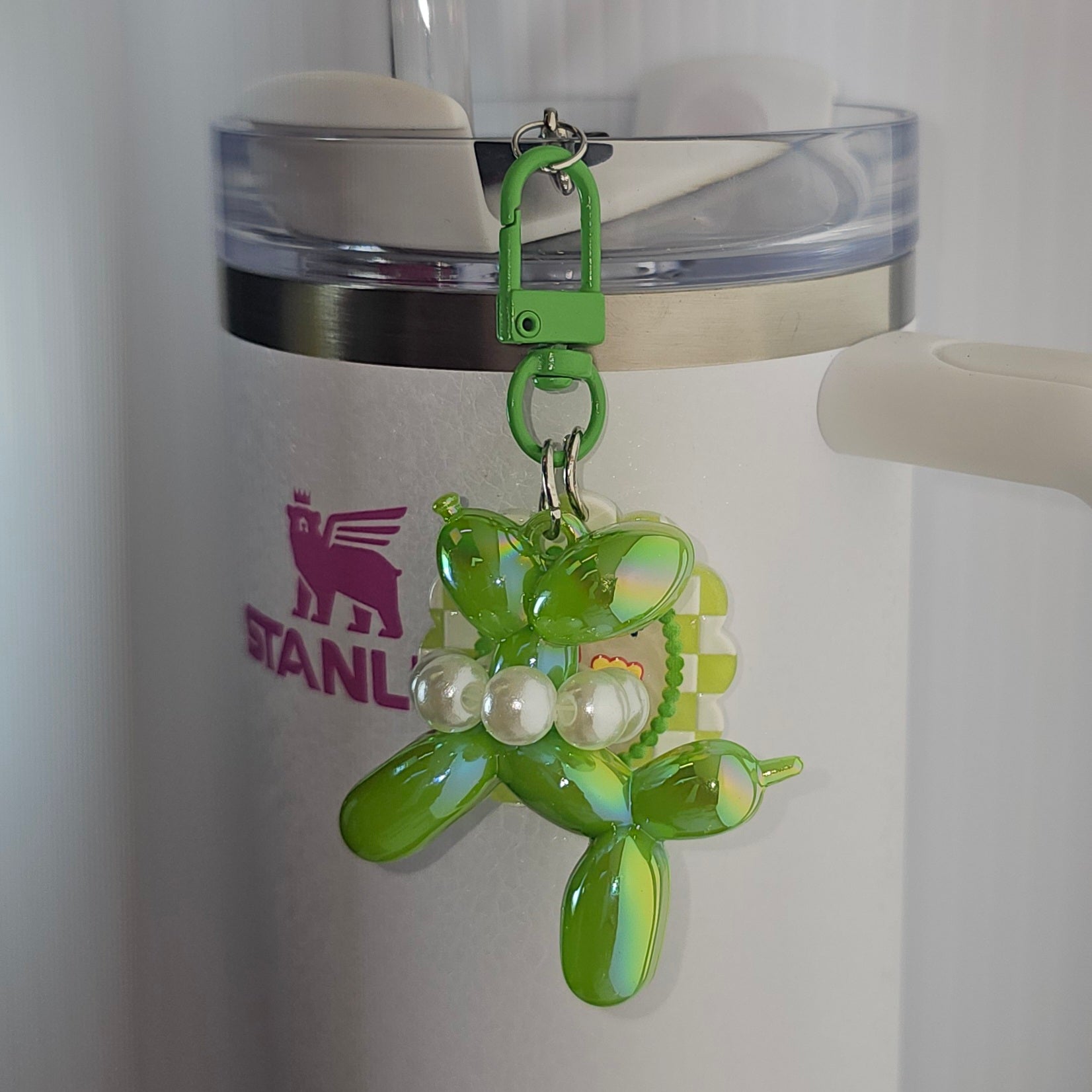 Iridescent Pearlescent Green Balloon Dog w/ Flower Charm For Stanley Tumbler Straw