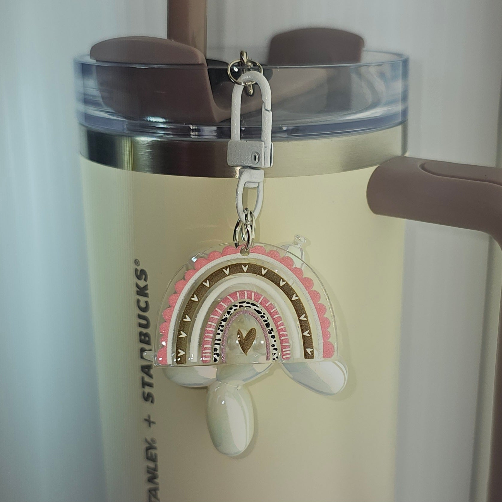 Iridescent Pearlescent Pearl white Balloon Dog w/ Rainbow Charm For Stanley Tumbler Straw charm. Rainbow is pink and brown. 
