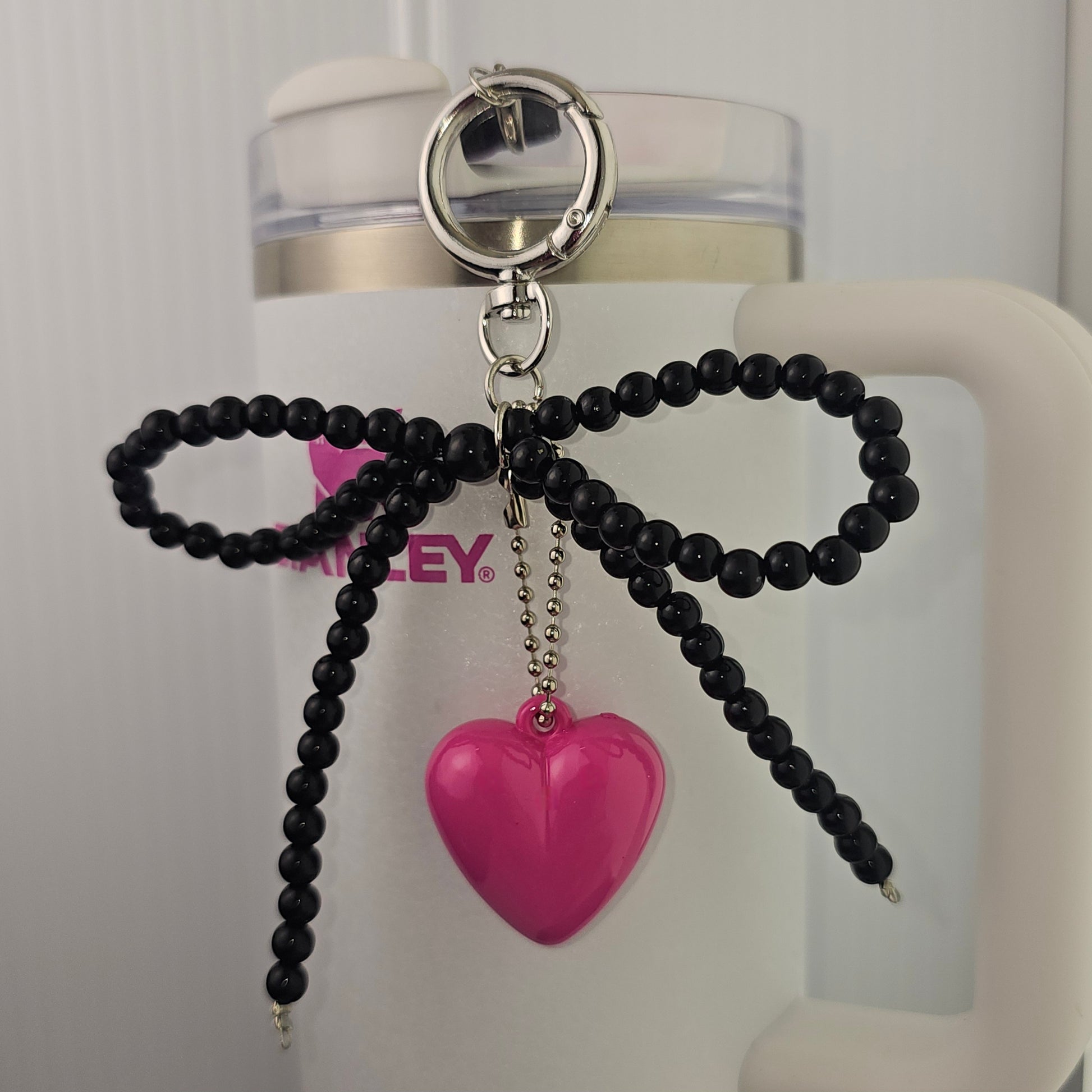 Black Beaded Ribbon Bow and Barbie Pink Heart Tumbler Charms
