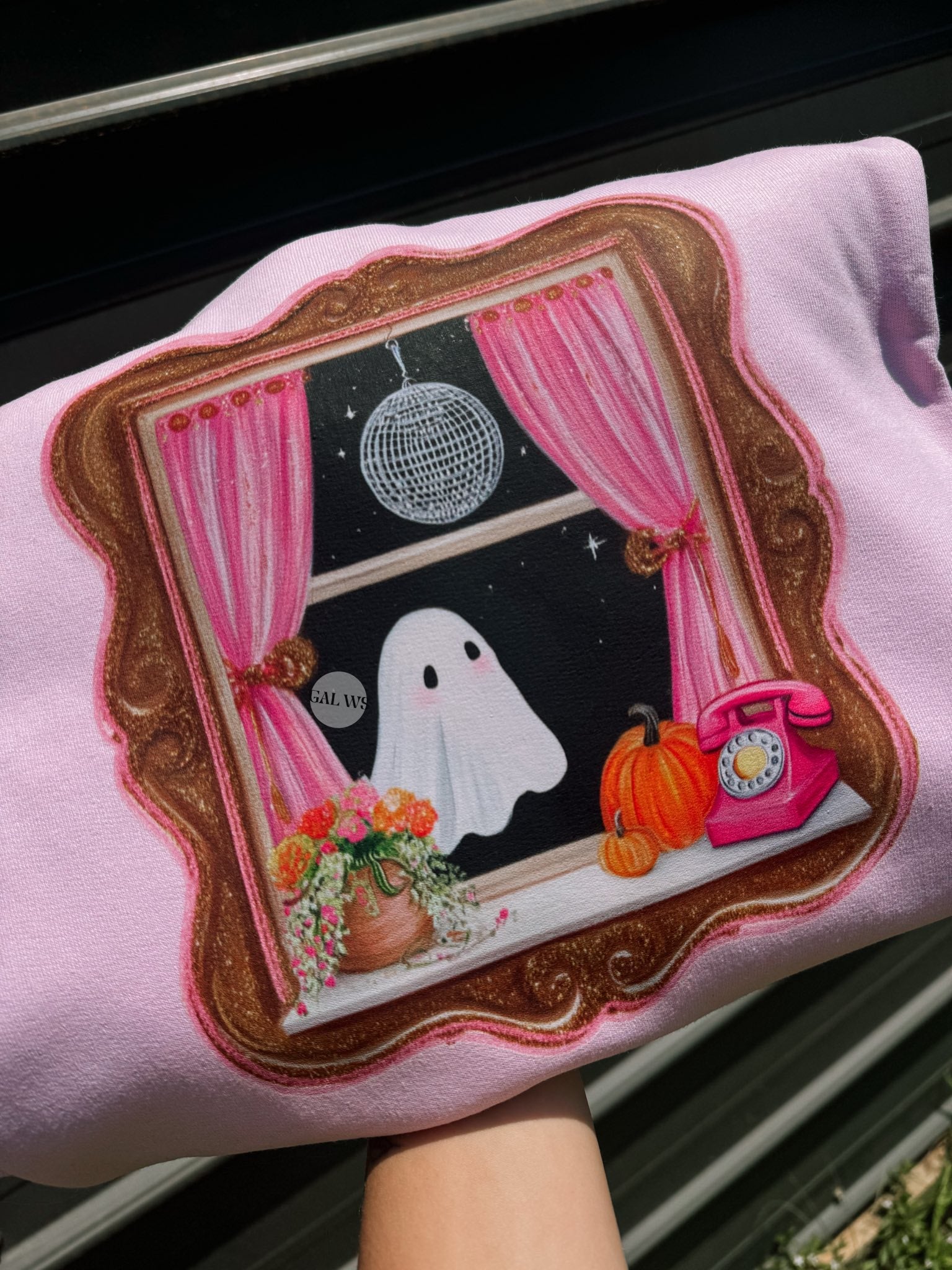 Pink Spooky Window Ghost with Disco Ball Tee or Sweatshirt 
