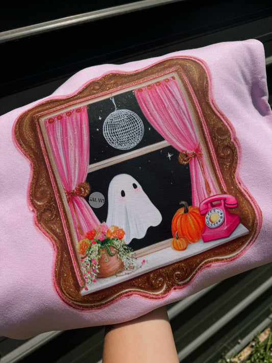 Pink Spooky Window Ghost with Disco Ball Tee or Sweatshirt 