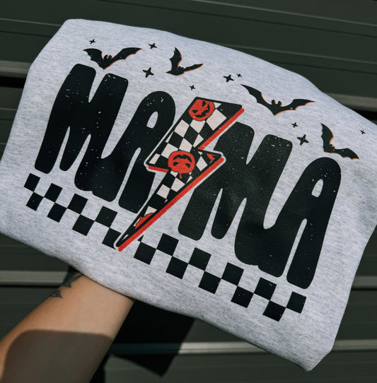 Pumpkin Checker Lighting Bolt Mama Tee or Sweatshirt