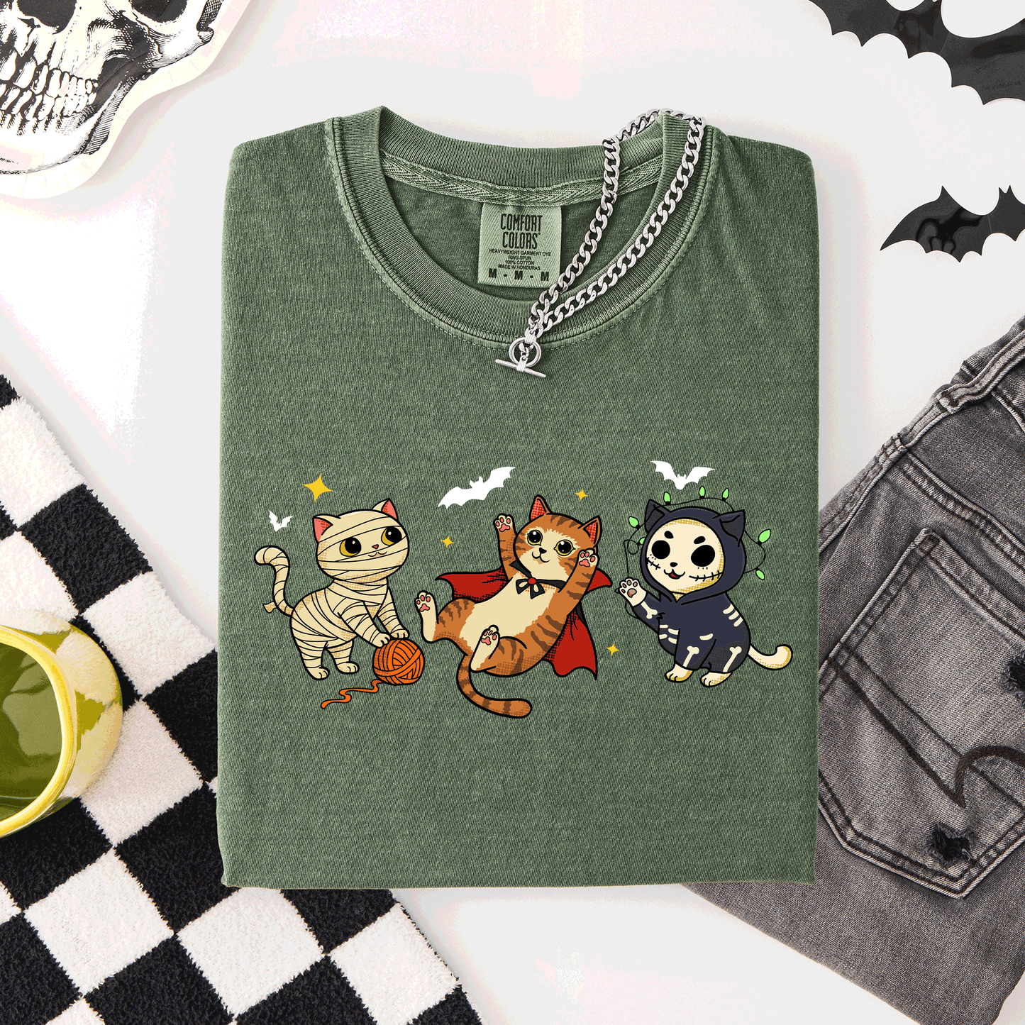 Moss green Adorable Halloween Cats, Cute, Fall, Autumn, Costume, Comfort Colors T-Shirt