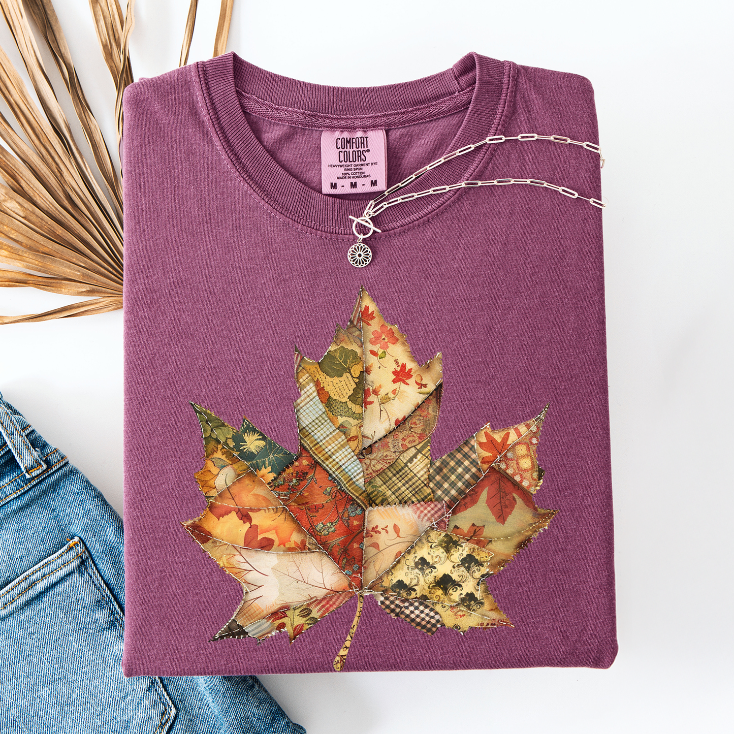 Berry Autumn Leaf, Faux Quilt Leaves, Fall, Thanksgiving, Comfort Colors T-Shirt