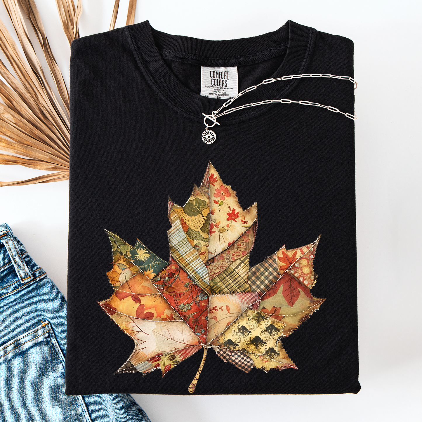 Black Autumn Leaf, Faux Quilt Leaves, Fall, Thanksgiving, Comfort Colors T-Shirt