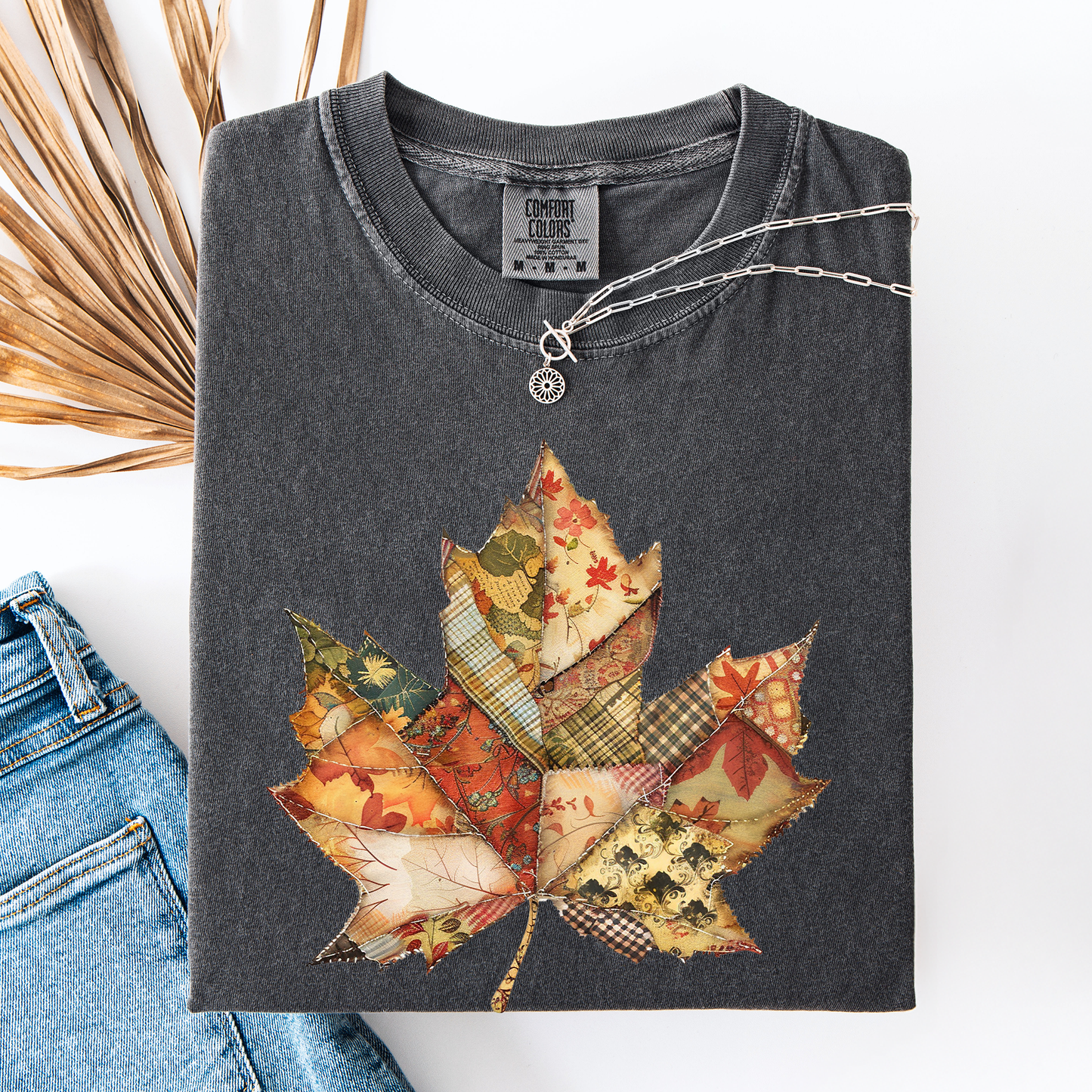 Charcoal Gray Autumn Leaf, Faux Quilt Leaves, Fall, Thanksgiving, Comfort Colors T-Shirt