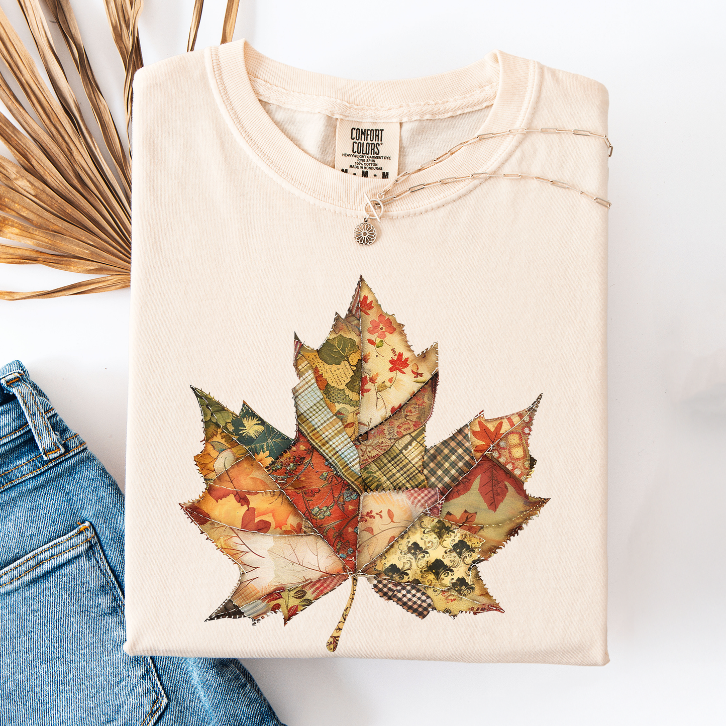 Cream Autumn Leaf, Faux Quilt Leaves, Fall, Thanksgiving, Comfort Colors T-Shirt