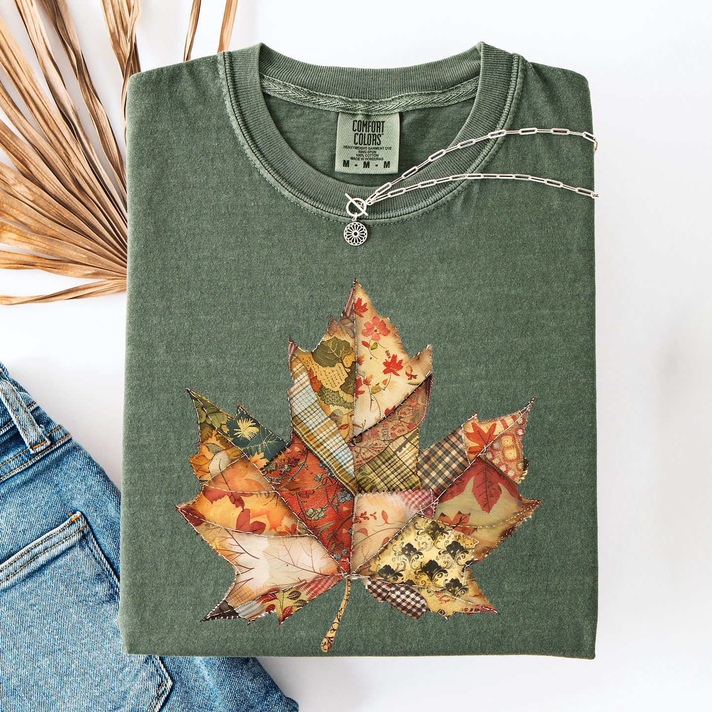Green Autumn Leaf, Faux Quilt Leaves, Fall, Thanksgiving, Comfort Colors T-Shirt